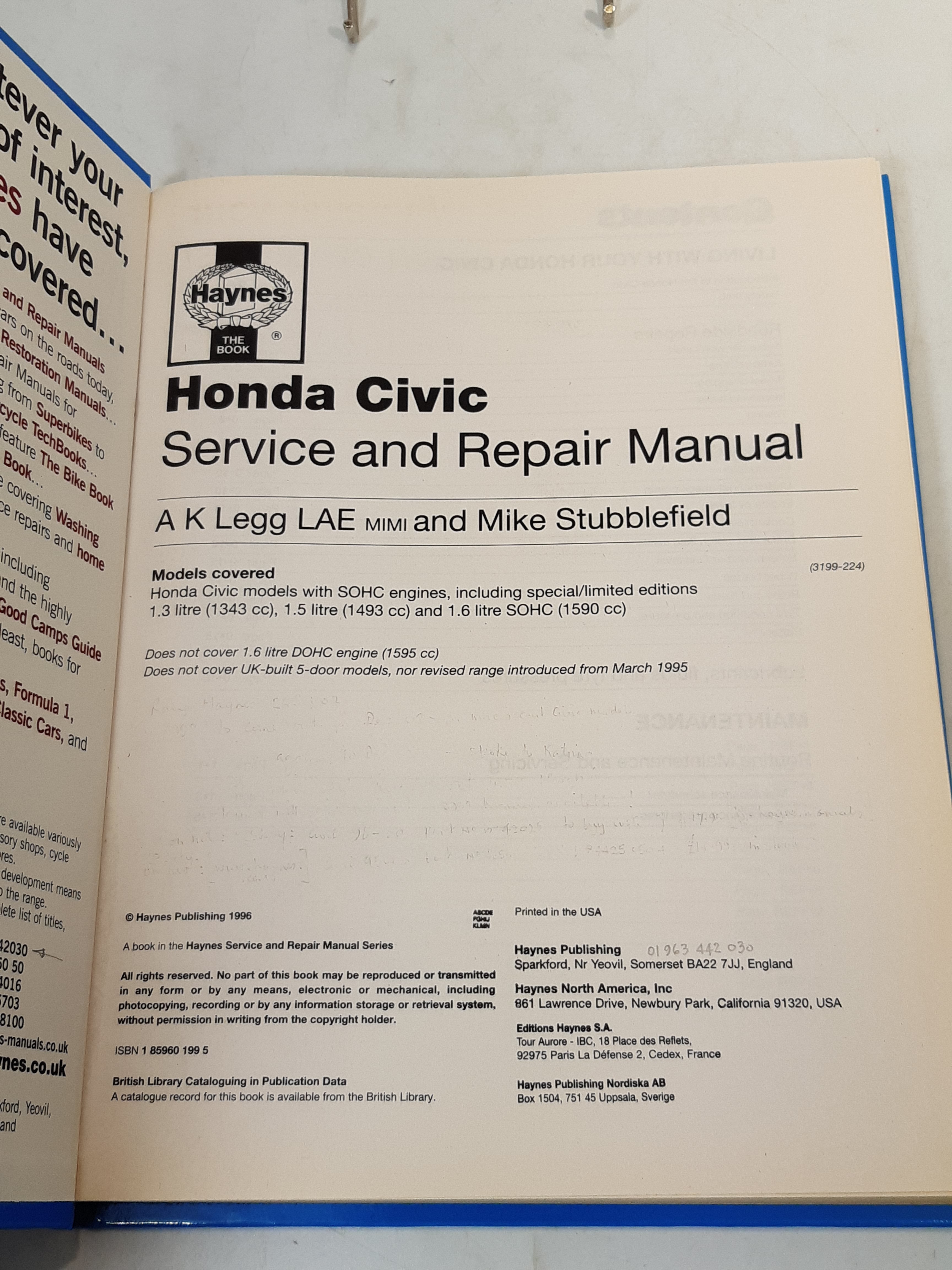 Haynes Honda Civic Nov 1991 to 1996 Service and Repair Manual