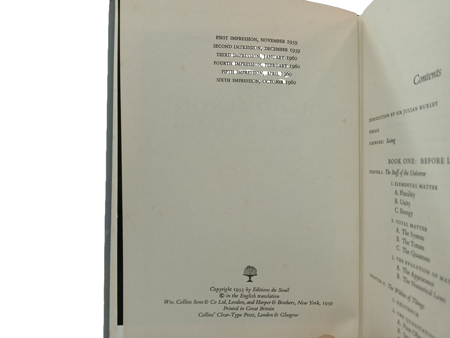 The Phenomenon of Man Pierre Teilhard de Chardin Collins 1960 Hardcover